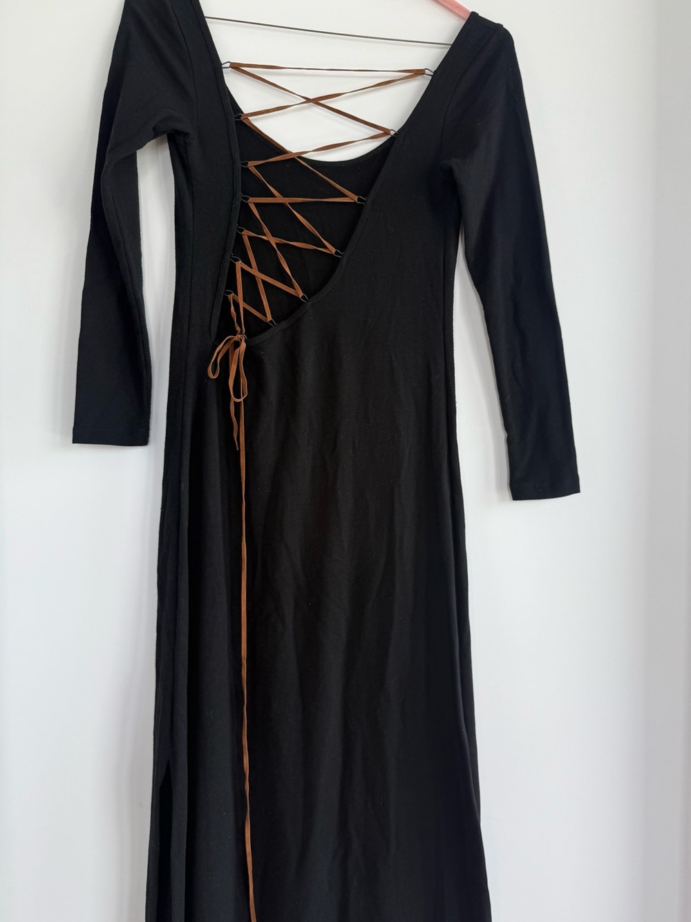 Blue Life Black Long-Sleeve Maxi Dress with Brown Lace-Up Back